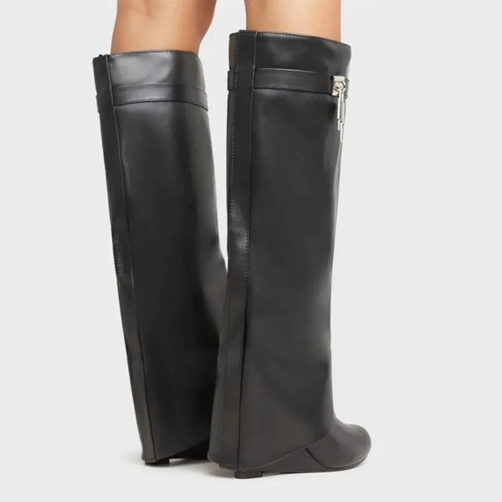 NEW IN BOX Black Fold Over Wedge Heel Wide Calf Pull On Knee High Boots Size 10 - Picture 5 of 16